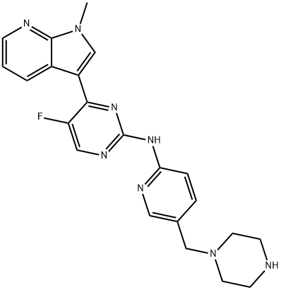 2-Pyrimidinamine, 5-fluoro-4-(1-methyl-1H-pyrrolo[2,3-b]pyridin-3-yl)-N-[5-(1-piperazinylmethyl)-2-pyridinyl]- Struktur