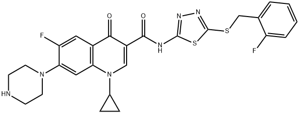 3-Quinolinecarboxamide, 1-cyclopropyl-6-fluoro-N-[5-[[(2-fluorophenyl)methyl]thio]-1,3,4-thiadiazol-2-yl]-1,4-dihydro-4-oxo-7-(1-piperazinyl)- Struktur