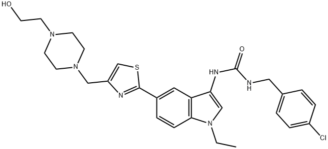 Urea, N-[(4-chlorophenyl)methyl]-N'-[1-ethyl-5-[4-[[4-(2-hydroxyethyl)-1-piperazinyl]methyl]-2-thiazolyl]-1H-indol-3-yl]- Struktur