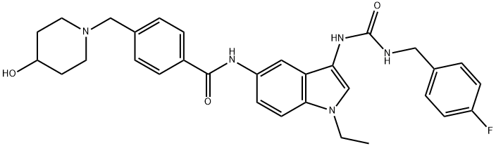 Benzamide, N-[1-ethyl-3-[[[[(4-fluorophenyl)methyl]amino]carbonyl]amino]-1H-indol-5-yl]-4-[(4-hydroxy-1-piperidinyl)methyl]- Struktur