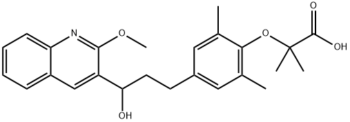 Propanoic acid, 2-[4-[3-hydroxy-3-(2-methoxy-3-quinolinyl)propyl]-2,6-dimethylphenoxy]-2-methyl- Struktur