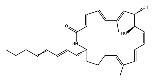 Azacycloeicosa-3,5,7,11,13,15-hexaen-2-one, 9,10-dihydroxy-7,15-dimethyl-20-(2E,4E)-2,4-octadien-1-yl-, (3E,5E,7E,9S,10R,11Z,13E,15E,20S)- Struktur