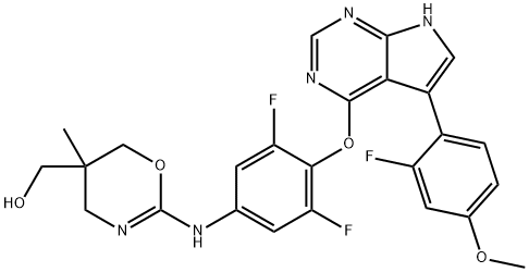 4H-1,3-Oxazine-5-methanol, 2-[[3,5-difluoro-4-[[5-(2-fluoro-4-methoxyphenyl)-7H-pyrrolo[2,3-d]pyrimidin-4-yl]oxy]phenyl]amino]-5,6-dihydro-5-methyl- Struktur