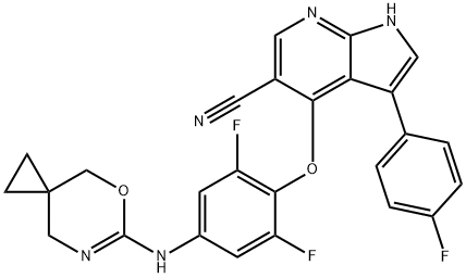 1H-Pyrrolo[2,3-b]pyridine-5-carbonitrile, 4-[2,6-difluoro-4-(5-oxa-7-azaspiro[2.5]oct-6-en-6-ylamino)phenoxy]-3-(4-fluorophenyl)- Struktur