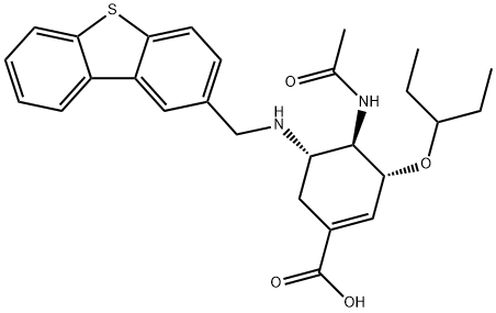 1-Cyclohexene-1-carboxylic acid, 4-(acetylamino)-5-[(2-dibenzothienylmethyl)amino]-3-(1-ethylpropoxy)-, (3R,4R,5S)- Struktur