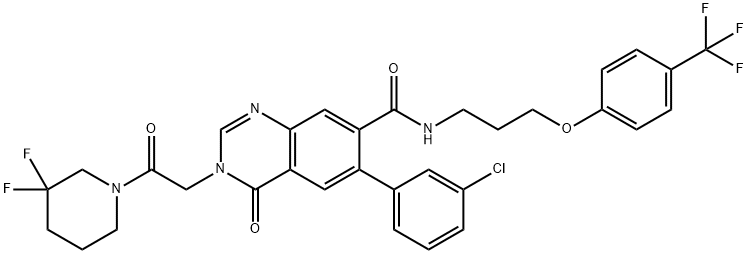 7-Quinazolinecarboxamide, 6-(3-chlorophenyl)-3-[2-(3,3-difluoro-1-piperidinyl)-2-oxoethyl]-3,4-dihydro-4-oxo-N-[3-[4-(trifluoromethyl)phenoxy]propyl]- Struktur