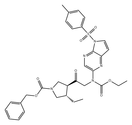 1-Pyrrolidinecarboxylic acid, 3-[2-[(ethoxycarbonyl)[5-[(4-methylphenyl)sulfonyl]-5H-pyrrolo[2,3-b]pyrazin-2-yl]amino]acetyl]-4-ethyl-, phenylmethyl ester, (3S,4S)- Struktur