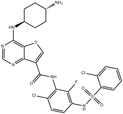 Thieno[3,2-d]pyrimidine-7-carboxamide, 4-[(trans-4-aminocyclohexyl)amino]-N-[6-chloro-3-[[(2-chlorophenyl)sulfonyl]amino]-2-fluorophenyl]- Struktur