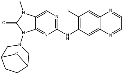 8H-Purin-8-one, 7,9-dihydro-7-methyl-2-[(7-methyl-6-quinoxalinyl)amino]-9-(8-oxa-3-azabicyclo[3.2.1]oct-3-yl)- Struktur