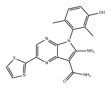 5H-Pyrrolo[2,3-b]pyrazine-7-carboxamide, 6-amino-5-(3-hydroxy-2,6-dimethylphenyl)-2-(2-thiazolyl)- Struktur