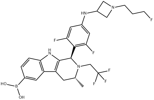 Boronic acid, B-[(1R,3R)-1-[2,6-difluoro-4-[[1-(3-fluoropropyl)-3-azetidinyl]amino]phenyl]-2,3,4,9-tetrahydro-3-methyl-2-(2,2,2-trifluoroethyl)-1H-pyrido[3,4-b]indol-6-yl]- Struktur