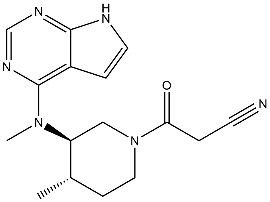 1-Piperidinepropanenitrile, 4-methyl-3-(methyl-7H-pyrrolo[2,3-d]pyrimidin-4-ylamino)-β-oxo-, (3R,4S)-rel- Struktur