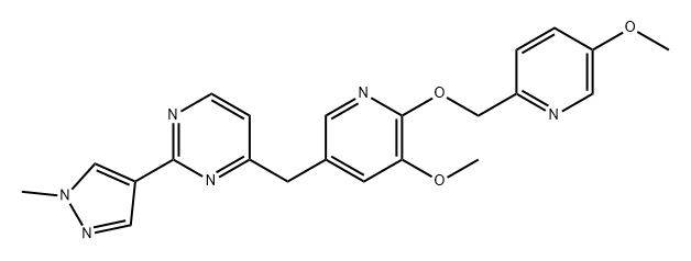 Pyrimidine, 4-[[5-methoxy-6-[(5-methoxy-2-pyridinyl)methoxy]-3-pyridinyl]methyl]-2-(1-methyl-1H-pyrazol-4-yl)- Struktur