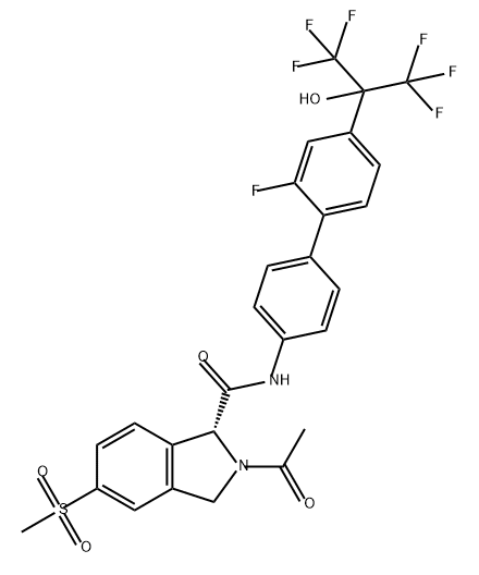 1H-Isoindole-1-carboxamide, 2-acetyl-N-[2'-fluoro-4'-[2,2,2-trifluoro-1-hydroxy-1-(trifluoromethyl)ethyl][1,1'-biphenyl]-4-yl]-2,3-dihydro-5-(methylsulfonyl)-, (1R)- Struktur