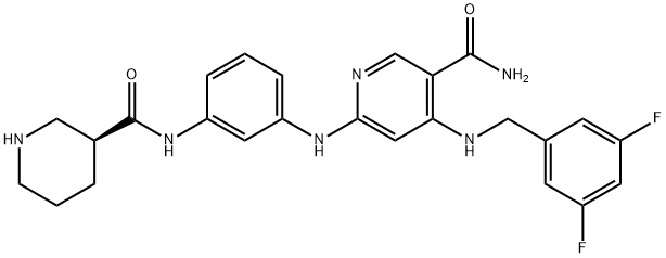 3-Pyridinecarboxamide, 4-[[(3,5-difluorophenyl)methyl]amino]-6-[[3-[[(3S)-3-piperidinylcarbonyl]amino]phenyl]amino]- Struktur