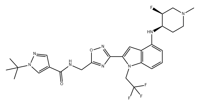 1H-Pyrazole-4-carboxamide, 1-(1,1-dimethylethyl)-N-[[3-[4-[[(3S,4R)-3-fluoro-1-methyl-4-piperidinyl]amino]-1-(2,2,2-trifluoroethyl)-1H-indol-2-yl]-1,2,4-oxadiazol-5-yl]methyl]- Struktur