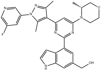 1H-Indole-6-methanol, 4-[4-[1-(5-fluoro-3-pyridinyl)-3,5-dimethyl-1H-pyrazol-4-yl]-6-[(3R)-3-methyl-4-morpholinyl]-2-pyrimidinyl]- Struktur