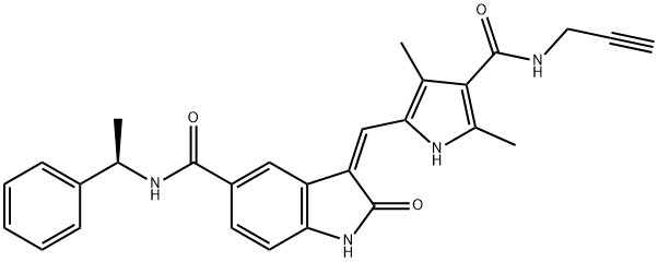 1H-Indole-5-carboxamide, 3-[[3,5-dimethyl-4-[(2-propyn-1-ylamino)carbonyl]-1H-pyrrol-2-yl]methylene]-2,3-dihydro-2-oxo-N-[(1R)-1-phenylethyl]-, (3Z)- Struktur