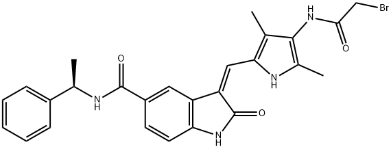 1H-Indole-5-carboxamide, 3-[[4-[(2-bromoacetyl)amino]-3,5-dimethyl-1H-pyrrol-2-yl]methylene]-2,3-dihydro-2-oxo-N-[(1R)-1-phenylethyl]-, (3Z)- Struktur