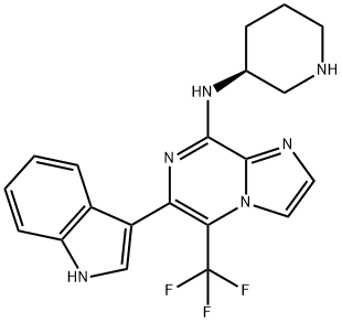 Imidazo[1,2-a]pyrazin-8-amine, 6-(1H-indol-3-yl)-N-(3S)-3-piperidinyl-5-(trifluoromethyl)- Struktur