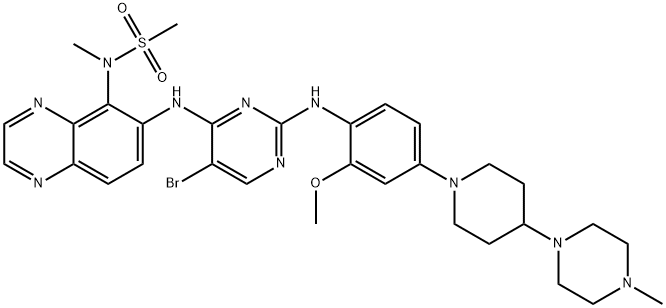 Methanesulfonamide, N-[6-[[5-bromo-2-[[2-methoxy-4-[4-(4-methyl-1-piperazinyl)-1-piperidinyl]phenyl]amino]-4-pyrimidinyl]amino]-5-quinoxalinyl]-N-methyl- Struktur