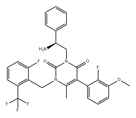 2,4(1H,3H)-Pyrimidinedione, 3-[(2S)-2-amino-2-phenylethyl]-5-(2-fluoro-3-methoxyphenyl)-1-[[2-fluoro-6-(trifluoromethyl)phenyl]methyl]-6-methyl- Struktur