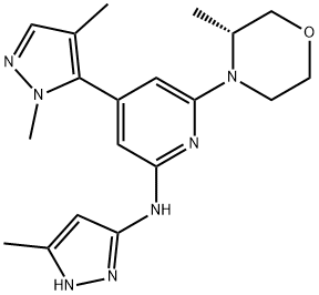 2-Pyridinamine, 4-(1,4-dimethyl-1H-pyrazol-5-yl)-6-[(3R)-3-methyl-4-morpholinyl]-N-(5-methyl-1H-pyrazol-3-yl)- Struktur