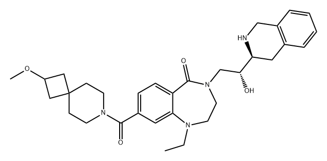 5H-1,4-Benzodiazepin-5-one, 1-ethyl-1,2,3,4-tetrahydro-4-[(2R)-2-hydroxy-2-[(3S)-1,2,3,4-tetrahydro-3-isoquinolinyl]ethyl]-8-[(2-methoxy-7-azaspiro[3.5]non-7-yl)carbonyl]- Struktur