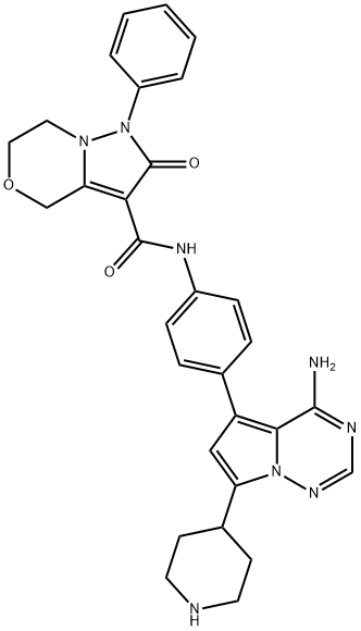 1H-Pyrazolo[5,1-c][1,4]oxazine-3-carboxamide, N-[4-[4-amino-7-(4-piperidinyl)pyrrolo[2,1-f][1,2,4]triazin-5-yl]phenyl]-2,4,6,7-tetrahydro-2-oxo-1-phenyl- Struktur