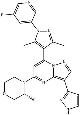 Pyrazolo[1,5-a]pyrimidine, 7-[1-(5-fluoro-3-pyridinyl)-3,5-dimethyl-1H-pyrazol-4-yl]-5-[(3R)-3-methyl-4-morpholinyl]-3-(1H-pyrazol-3-yl)- Struktur