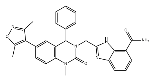 1H-Benzimidazole-7-carboxamide, 2-[[6-(3,5-dimethyl-4-isoxazolyl)-1,4-dihydro-1-methyl-2-oxo-4-phenyl-3(2H)-quinazolinyl]methyl]- Struktur