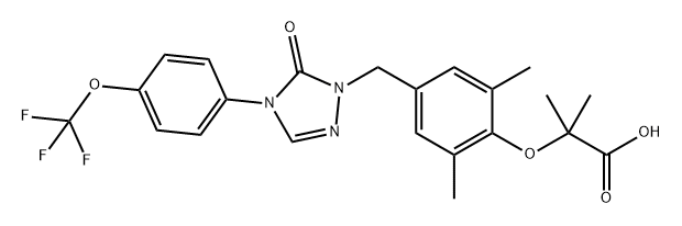 Propanoic acid, 2-[4-[[4,5-dihydro-5-oxo-4-[4-(trifluoromethoxy)phenyl]-1H-1,2,4-triazol-1-yl]methyl]-2,6-dimethylphenoxy]-2-methyl- Struktur