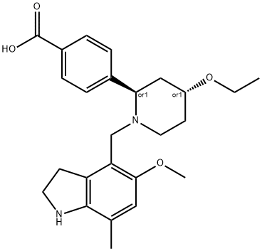 Benzoic acid, 4-[(2R,4R)-1-[(2,3-dihydro-5-methoxy-7-methyl-1H-indol-4-yl)methyl]-4-ethoxy-2-piperidinyl]-, rel- Struktur