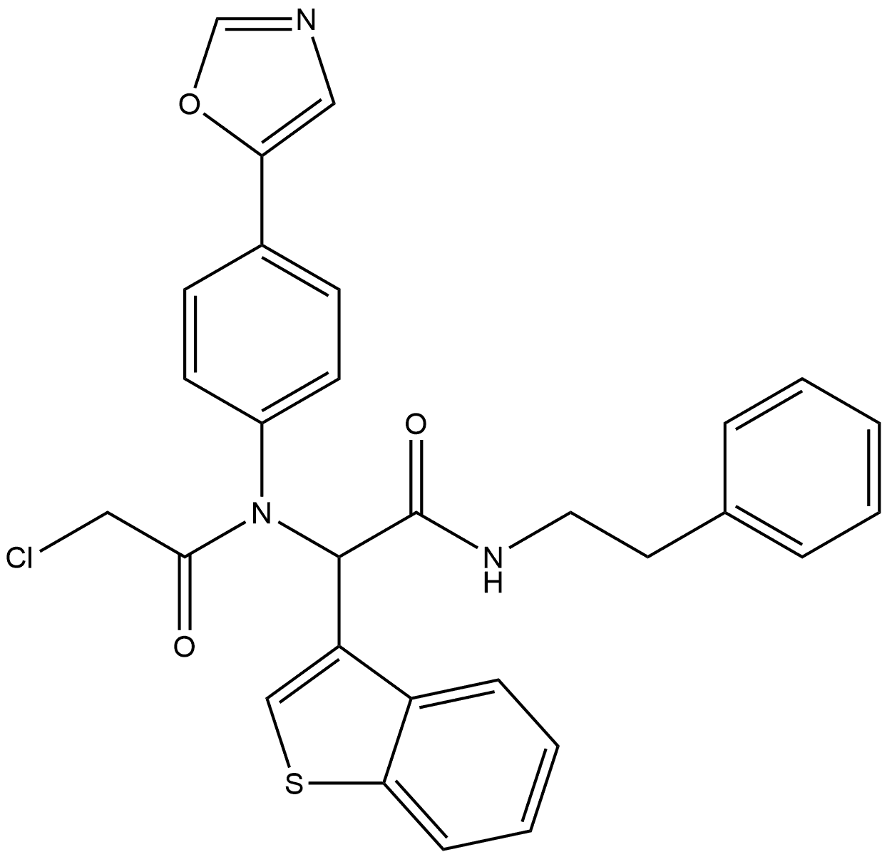 Benzo[b]thiophene-3-acetamide, α-[(2-chloroacetyl)[4-(5-oxazolyl)phenyl]amino]-N-(2-phenylethyl)- Struktur