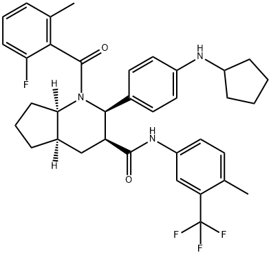 1H-Cyclopenta[b]pyridine-3-carboxamide, 2-[4-(cyclopentylamino)phenyl]-1-(2-fluoro-6-methylbenzoyl)octahydro-N-[4-methyl-3-(trifluoromethyl)phenyl]-, (2R,3S,4aR,7aR)- Struktur