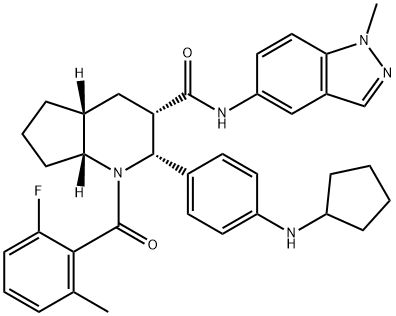 1H-Cyclopenta[b]pyridine-3-carboxamide, 2-[4-(cyclopentylamino)phenyl]-1-(2-fluoro-6-methylbenzoyl)octahydro-N-(1-methyl-1H-indazol-5-yl)-, (2R,3S,4aR,7aR)- Struktur