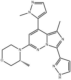 5-Methyl-2-[(3R)-3-methyl-4-morpholinyl]-4-(1-methyl-1H-pyrazol-5-yl)-7-(1H-pyrazol-3-yl)imidazo[1,5-b]pyridazine Struktur