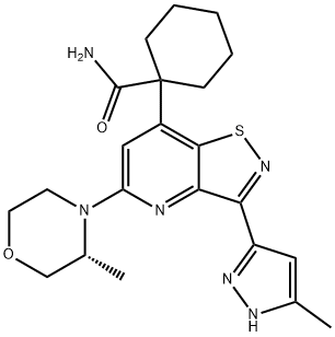 Cyclohexanecarboxamide, 1-[5-[(3R)-3-methyl-4-morpholinyl]-3-(5-methyl-1H-pyrazol-3-yl)isothiazolo[4,5-b]pyridin-7-yl]- Struktur