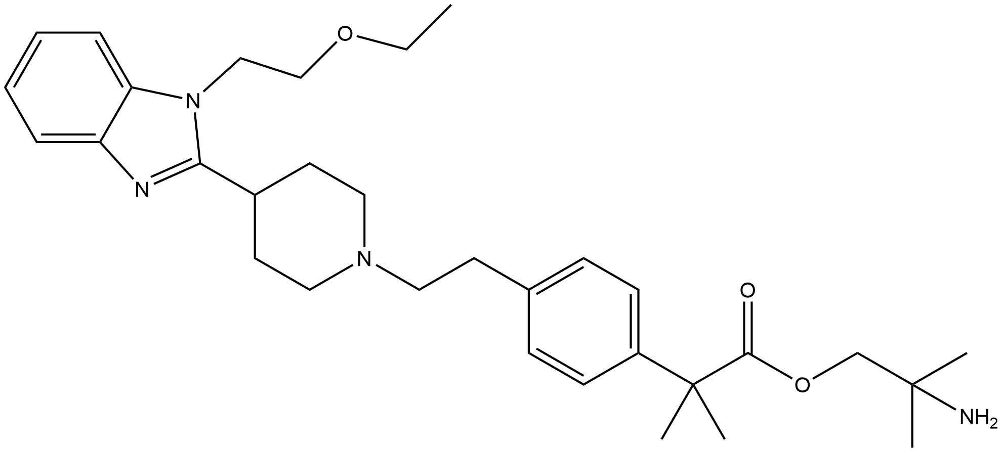 Benzeneacetic acid, 4-[2-[4-[1-(2-ethoxyethyl)-1H-benzimidazol-2-yl]-1-piperidinyl]ethyl]-α,α-dimethyl-, 2-amino-2-methylpropyl ester Struktur