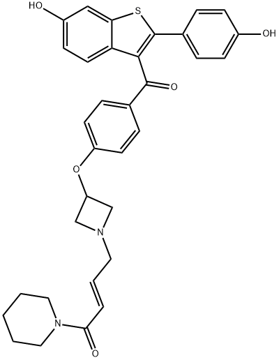 2-Buten-1-one, 4-[3-[4-[[6-hydroxy-2-(4-hydroxyphenyl)benzo[b]thien-3-yl]carbonyl]phenoxy]-1-azetidinyl]-1-(1-piperidinyl)-, (2E)- Struktur