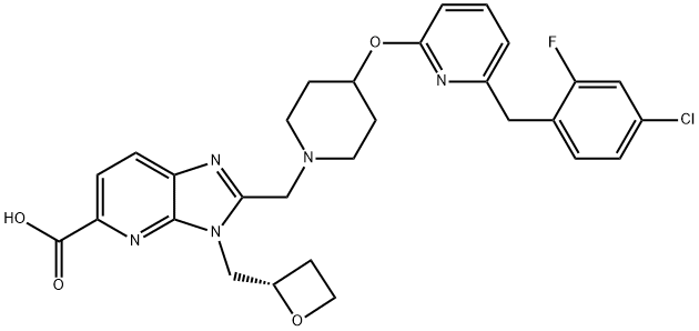 3H-Imidazo[4,5-b]pyridine-5-carboxylic acid, 2-[[4-[[6-[(4-chloro-2-fluorophenyl)methyl]-2-pyridinyl]oxy]-1-piperidinyl]methyl]-3-[(2S)-2-oxetanylmethyl]- Structure