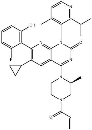 Pyrido[2,3-d]pyrimidin-2(1H)-one, 6-cyclopropyl-7-(2-fluoro-6-hydroxyphenyl)-1-[4-methyl-2-(1-methylethyl)-3-pyridinyl]-4-[(2S)-2-methyl-4-(1-oxo-2-propen-1-yl)-1-piperazinyl]- Struktur