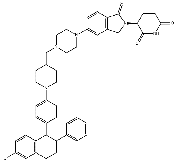 2,6-Piperidinedione, 3-[1,3-dihydro-1-oxo-5-[4-[[1-[4-(1,2,3,4-tetrahydro-6-hydroxy-2-phenyl-1-naphthalenyl)phenyl]-4-piperidinyl]methyl]-1-piperazinyl]-2H-isoindol-2-yl]-, (3S)- Struktur