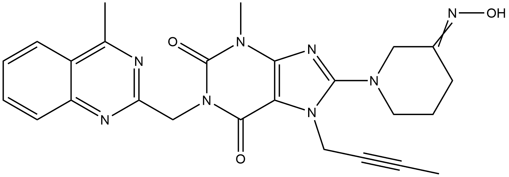 7-(2-Butyn-1-yl)-3,7-dihydro-8-[3-(hydroxyimino)-1-piperidinyl]-3-methyl-1-[(4-methyl-2-quinazolinyl)methyl]-1H-purine-2,6-dione Struktur