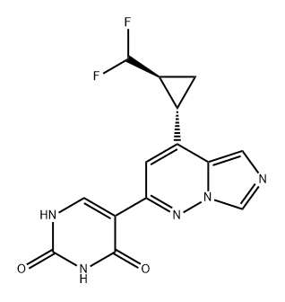 2,4(1H,3H)-Pyrimidinedione, 5-[4-[(1S,2S)-2-(difluoromethyl)cyclopropyl]imidazo[1,5-b]pyridazin-2-yl]- Struktur