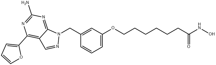 Heptanamide, 7-[3-[[6-amino-4-(2-furanyl)-1H-pyrazolo[3,4-d]pyrimidin-1-yl]methyl]phenoxy]-N-hydroxy- Struktur