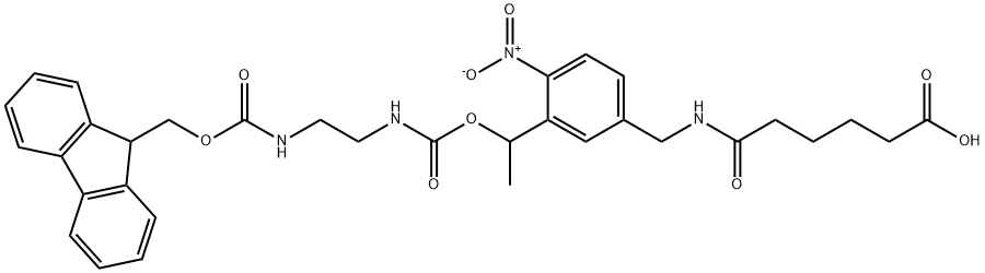 Hexanoic acid, 6-[[[3-[10-(9H-fluoren-9-yl)-1-methyl-3,8-dioxo-2,9-dioxa-4,7-diazadec-1-yl]-4-nitrophenyl]methyl]amino]-6-oxo- Struktur