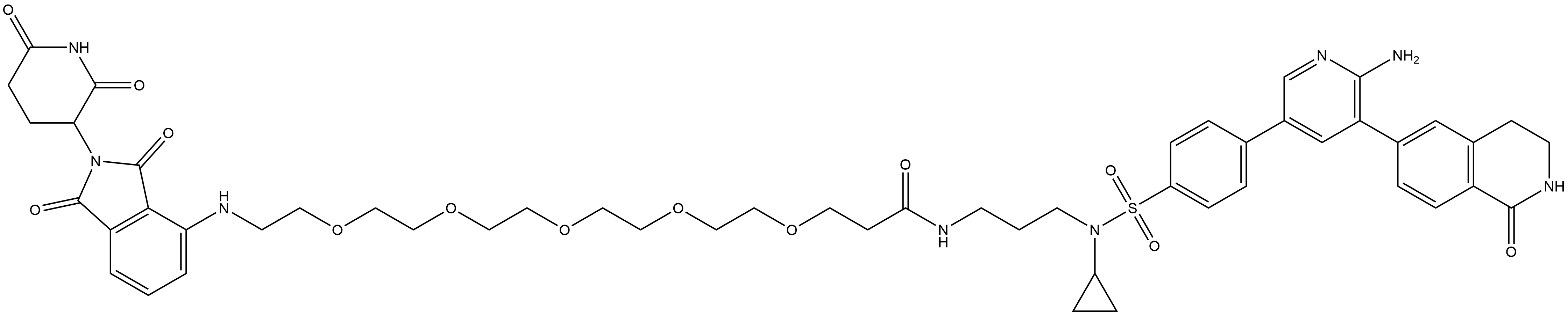 4,7,10,13,16-Pentaoxaoctadecanamide, N-[3-[[[4-[6-amino-5-(1,2,3,4-tetrahydro-1-oxo-6-isoquinolinyl)-3-pyridinyl]phenyl]sulfonyl]cyclopropylamino]propyl]-18-[[2-(2,6-dioxo-3-piperidinyl)-2,3-dihydro-1,3-dioxo-1H-isoindol-4-yl]amino]- Struktur