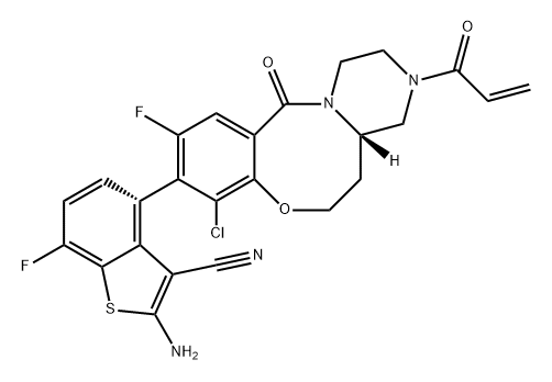 Benzo[b]thiophene-3-carbonitrile, 2-amino-4-[(4aS)-8-chloro-10-fluoro-2,3,4,4a,5,6-hexahydro-12-oxo-3-(1-oxo-2-propen-1-yl)-1H,12H-pyrazino[2,1-d][1,5]benzoxazocin-9-yl]-7-fluoro-, (4R)- Struktur