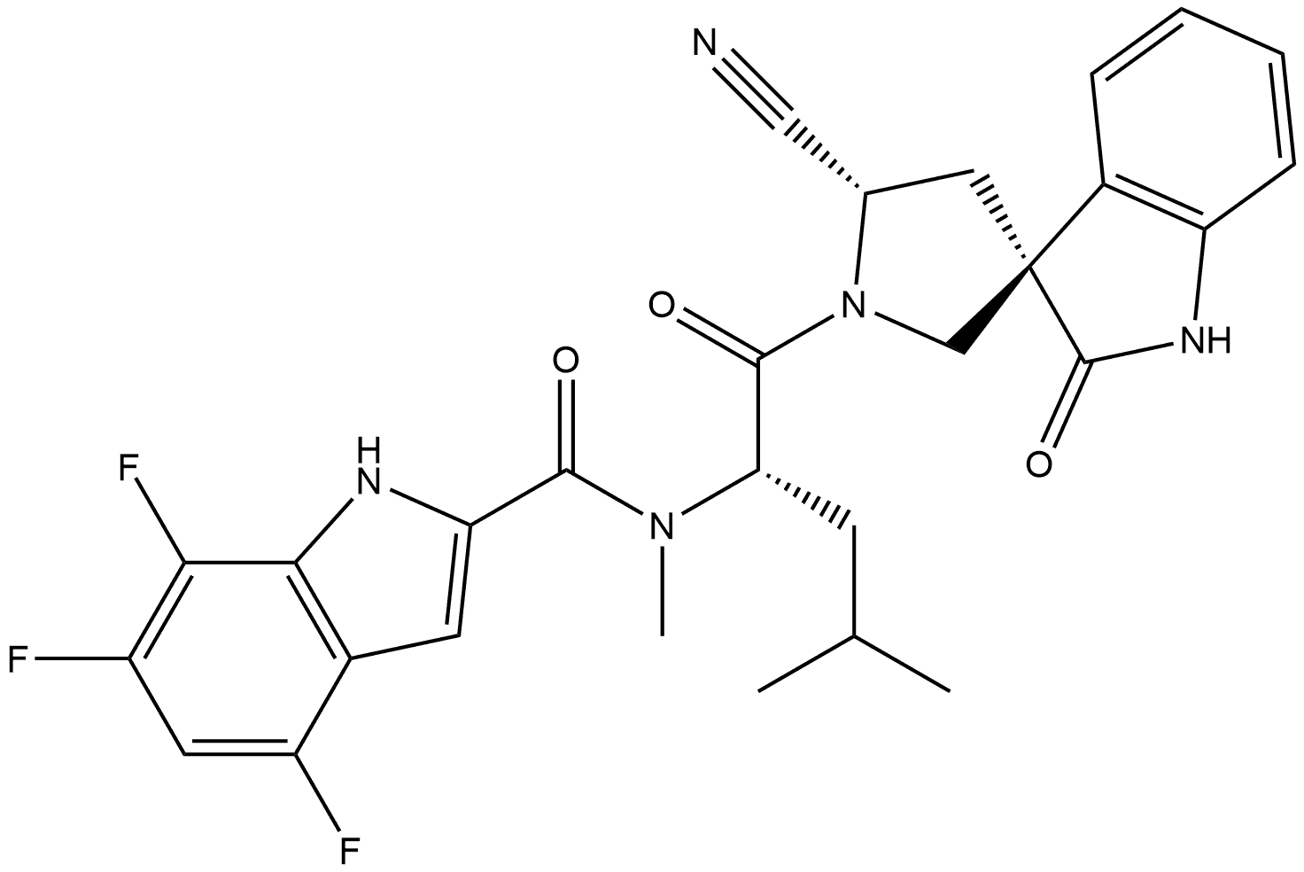 N-[(1S)-1-[[(3R,5′S)-5′-Cyano-1,2-dihydro-2-oxospiro[3H-indole-3,3′-pyrrolidin]-1′-yl]carbonyl]-3-methylbutyl]-4,6,7-trifluoro-N-methyl-1H-indole-2-carboxamide Struktur